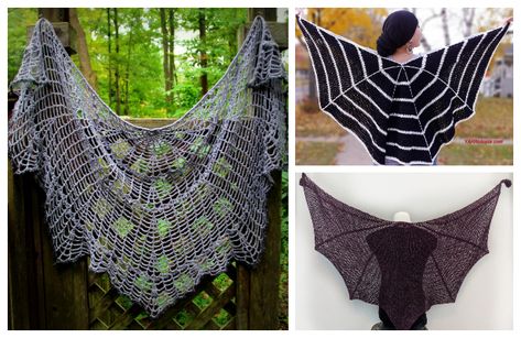 Halloween Web Shawl Free Crochet Patterns & Paid Bat Wing Shawl Crochet Pattern, Crochet Bat Cape Pattern Free, Bat Wing Crochet Shawl, Crochet Bat Sweater, Crochet Halloween Wearables, Bat Wing Crochet Pattern, Crochet Bat Wings Free Pattern, Goth Crochet Patterns Free, Spider Web Shawl