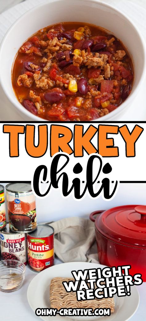 This Weight Watchers chili recipe with ground turkey is healthier just by replacing ground beef with turkey – and lower in points! We Turkey Chili, Ww Turkey Chili, Ground Turkey Chili Recipe Easy, Turkey Burger Chili, Ww Chili Recipe Weight Watchers, Ww Turkey Recipes, Chili Turkey Recipe, Best Healthy Chili Recipe, Ww Chili Recipe 0 Point