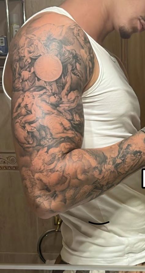 Shoulder Piece Tattoo, Mens Body Tattoos, Backpiece Tattoo, Biblical Tattoos, Christ Tattoo, Men Tattoos Arm Sleeve, Flame Tattoos, Full Arm Tattoos, Mens Shoulder Tattoo