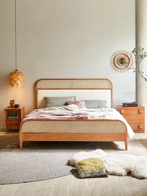 Solihiya Bed, Cane Bed Design, Vintage Bedframe, Cane Bed Frame, Cali Bedroom, Bamboo Furniture Bedroom, Bedroom Simple Modern, Rattan Bed Frame, Beautiful Dorm Room