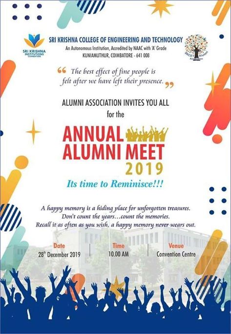 Annual Alumni Meet 2019 School Annual Day Invitation Card Design, Annual Day Invitation Card School, Alumni Meet Poster, Alumni Events Ideas, Alumni Event Ideas, Happy Onam Wishes, Alumni Homecoming, Class Reunion Invitations, Certificates Template