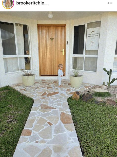 Crazy Pave Porch, Outdoor Tile Entryway, Crazy Pave Front Entrance, Stone Tile Porch, Crazy Pave Entry, Front Patio Tile Ideas, Outdoor Paving Ideas Courtyards, Paver Path Ideas, Crazy Pave Path