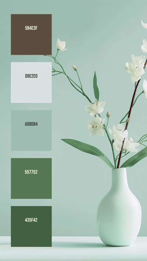 Colors:
5B4E3F
D9E2E0
A0BDB4
557752
435F42 Green Colour Palettes, Vase With White Flowers, Colour Palette Design, Minimalist Color Palette, Christmas Color Palette, Pantone Palette, Pantone Colour Palettes, Web Colors, Hex Color Palette