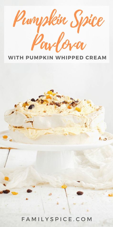 This Pumpkin Spice Pavlova Cake is stacked and stuffed with pumpkin whipped cream and topped with boozy raisins, pecans and sea salt. #pavlova #pumpkindessert Pumpkin Pavlova Recipe, Pavlova Thanksgiving, Thanksgiving Pavlova, Pumpkin Pavlova, Fall Pavlova, Pumpkin Whipped Cream, Meringue Recipes, Pavlova Cake, Raisin Recipes