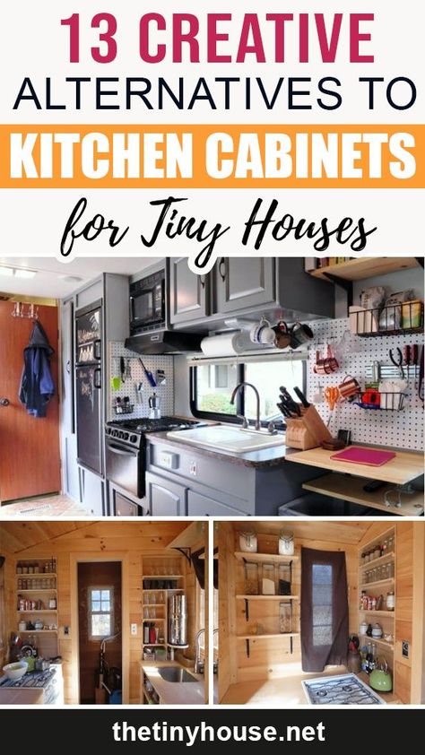 Your tiny house does not have any extra space for cabinets? Check out creative alternatives to kitchen cabinets. Kitchen Cabinet Alternatives, Space Saving Furniture Tiny Houses, Tiny House Storage Ideas, Kitchen Organizing Ideas, Tiny House Hacks, Cabin Storage, Tiny House Furniture, Tiny House Storage, Diy Tiny House