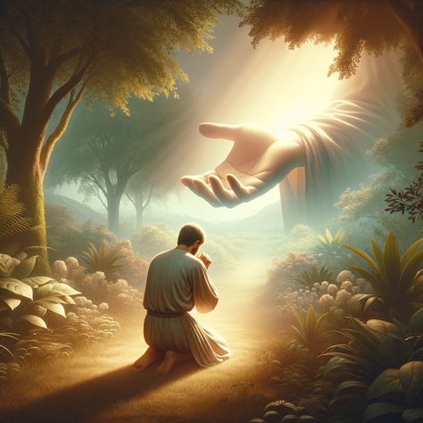 A tranquil scene depicting a person kneeling in prayer in a serene, lush garden, symbolizing a moment of seeking strength in weakness. Prayer Photos, Prayer Pictures, Kneeling In Prayer, Prayer Images, Prayer Points, Church Backgrounds, Jesus Christ Artwork, Pictures Of Christ, Jesus Praying