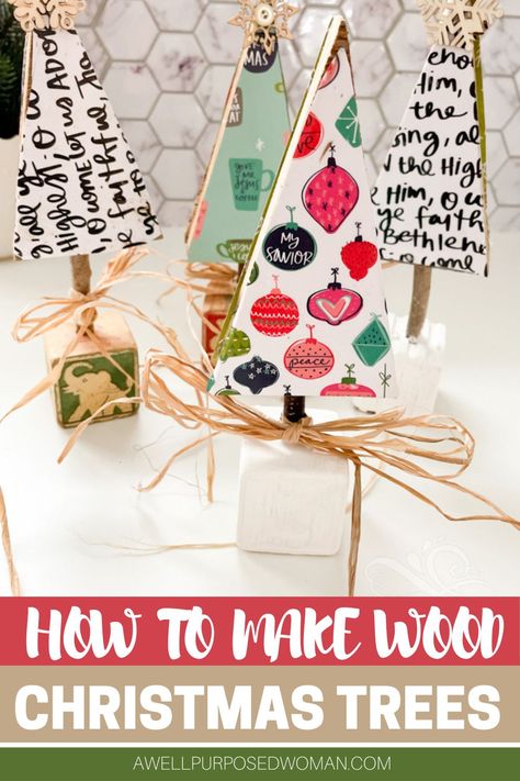 Diy Christmas Tree Crafts For Kids, Mod Podge Christmas Tree, Diy Wood Projects Easy Christmas Gifts, Wood Tree Ornaments Craft Ideas, Simple Wooden Christmas Tree, Small Wooden Trees Christmas, Christmas Crafts With Wood Scraps, Wooden Christmas Presents Diy, Diy Wooden Trees Xmas