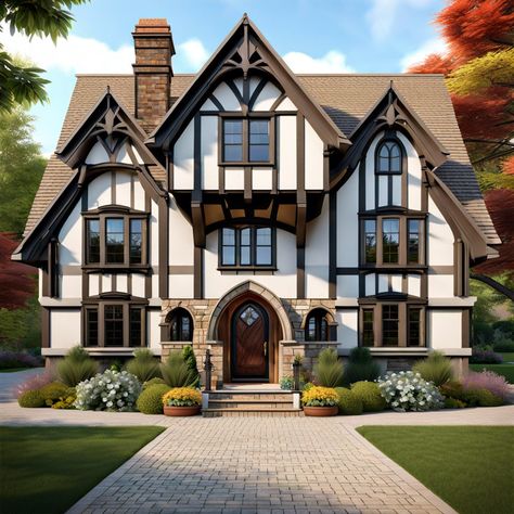 Tudor arches. Get inspired by Tudor style homes with their charming timber frames, steep roofs, and cozy, fairy-tale vibes! 1920s Tudor Home, Tutor Mansion, English Tudor Homes Exterior, Tudor House Floor Plans, Tudor Homes Exterior, Modern Tudor Style Homes, English Tudor House Plans, English Tudor House Exterior, Small Tudor Style Homes