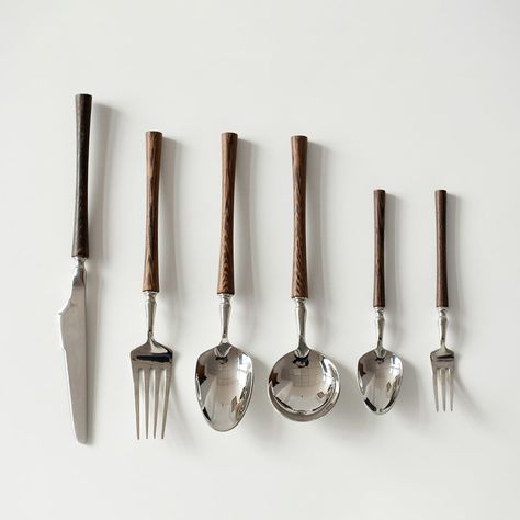 PRICES MAY VARY. 24-Piece Wooden Silverware Set Service for 4: This wooden silverware set includes 4 dinner forks, 4 dinner knives, 4 soupspoons, 4 dessert forks, 4 dinnerspoons, and 4 teaspoons, providing enough silverware for 4 people. It's perfect for everyday use, family gatherings, parties, and more. 18/10 Stainless Steel Flatware Set with Wooden Handle: The utensils are made of high-quality 18/10 stainless steel, which is durable, rust-resistant, and easy to clean. The wooden handles are s Black Silverware Aesthetic, Wooden Cutlery Set, Cottagecore Silverware, Charcuterie Utensils, Oregon Apartment, Rustic Flatware, Cute Cutlery, Wood Kitchen Accessories, Wooden Silverware