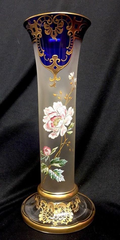 Moser 1890’s SIGNED Moser Enamel Cobalt Gold Pink Roses Victorian Antique Vase | #1922684506 Victorian Vases, Cobalt, Vase, Pink, Home Decor