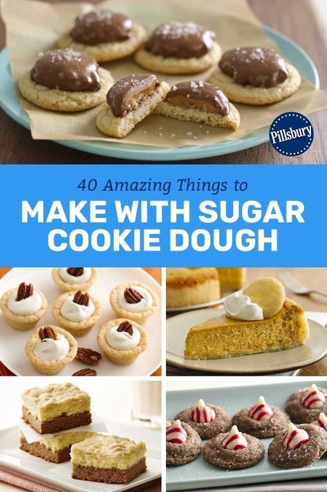 You know the one: the sweet + simple cookie dough that started it all. You can bake a batch straight up (why stop there?) or put your sugar cookie dough to work in one of these awesome recipes. Either way, they’re absolutely delicious!  We’ve picked recipes to answer your favorite question: what to do with sugar cookie dough? Whether it’s a bar, traditional cookie, or even cupcake, you’re in for a real treat. All you need is a package of our famous Pillsbury cookie dough to get started. Pillsbury Cookie Dough Recipes, Pillsbury Cookie Recipes, Pillsbury Sugar Cookie Recipe, Sugar Cookie Desserts, Betty Crocker Sugar Cookie Mix, Pillsbury Sugar Cookie Dough, Pillsbury Cookie Dough, Sugar Cookie Dough Recipe, Betty Crocker Sugar Cookies