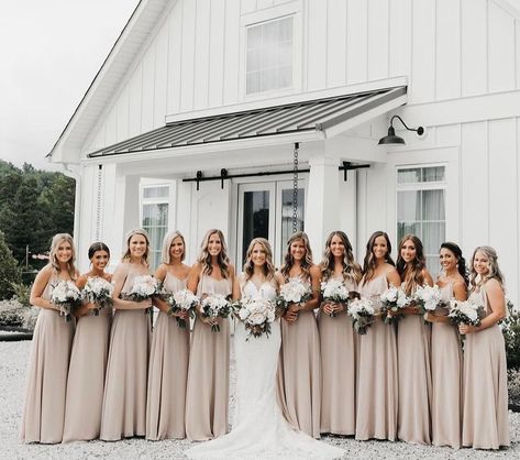 BIRDY GREY 🐥 on Instagram: “Shift into neutral with our #JaneDress in Taupe 🤍 • 👰🏼‍♀️: @sassygagz #birdyinthewild #BIRDYGREY” Grey Beige Bridesmaid Dresses, Birdy Grey Bridesmaid Champagne, Winter Color Bridesmaid Dresses, Taupe Wedding Theme Colour Schemes, Taupe Bridesmaid Dresses Winter, Light Taupe Bridesmaid Dresses, Shoes With Taupe Bridesmaid Dress, Grey And Beige Wedding, Satin Taupe Wedding