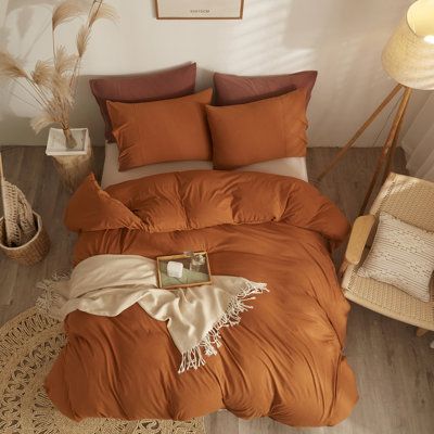 Bedding For Couples Master Bedrooms, Orange Purple Bedding, Burnt Orange Apartment Decor, Boho Bedding Sets Bohemian, Burnt Orange Bed Sheets, Terracotta Comforter Bedroom, Tall Ceiling Bedroom Decor, Orange And Tan Bedroom, Teracotta Bedding