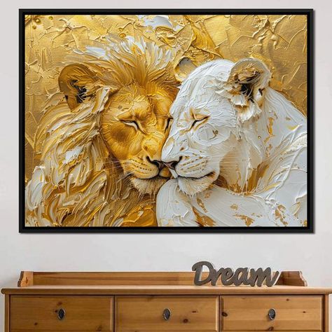 The ﻿Golden Solitude and Ivory Peace﻿ canvas print comes ready-to-hang on a premium quality canvas that is made to last. Golden Brown Wall Paint, Brown And Gold Home Decor, Lion And Lioness Painting, Lion Paintings, Ivory Backdrop, Lion Decor, Abstract Lion, Majestic Lion, Lion And Lioness