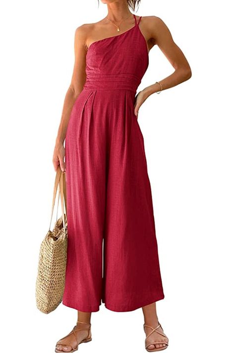 Jumpsuit Fitted, Suspenders For Women, Loose Jumpsuit, One Shoulder Jumpsuit, Watermelon Red, Casual Wide Leg Pants, Jumpsuit Summer, Linen Jumpsuit, Jumpsuit Fashion