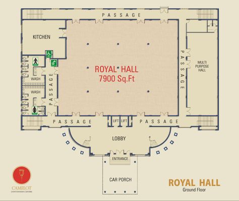 Camelot Convention Centre Royal Hall offer king size banquet hall with carefully woven frills of luxury which can accommodate 1000 guests. Marriage Hall Plan Layout, Event Venue Design, Wedding Banquet Hall, Wedding Reception Layout, Reception Layout, Hotel Floor Plan, Multipurpose Hall, Hall Flooring, Convention Hall