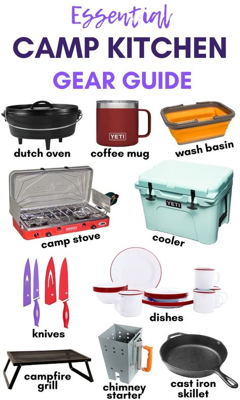 Wondering what camp cooking gear you should bring camping, and what can be left at home? We've got you covered with this camping gear list that will show you all the kitchen equipment you need to make tasty meals outdoors. Camp Cooking Gear, Camping Cooking Gear, Astuces Camping-car, Camping Gear List, Zelt Camping, Tenda Camping, Camping Cooking, Kitchen Gear, Family Camping Trip