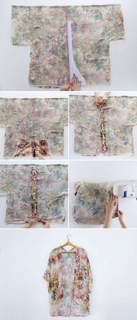 Kimono Tutorial, Kimono Diy, Kimono Sewing Pattern, Rok Denim, Diy Kimono, Mode Kimono, Dress Kimono, Chiffon Kimono, Costura Diy