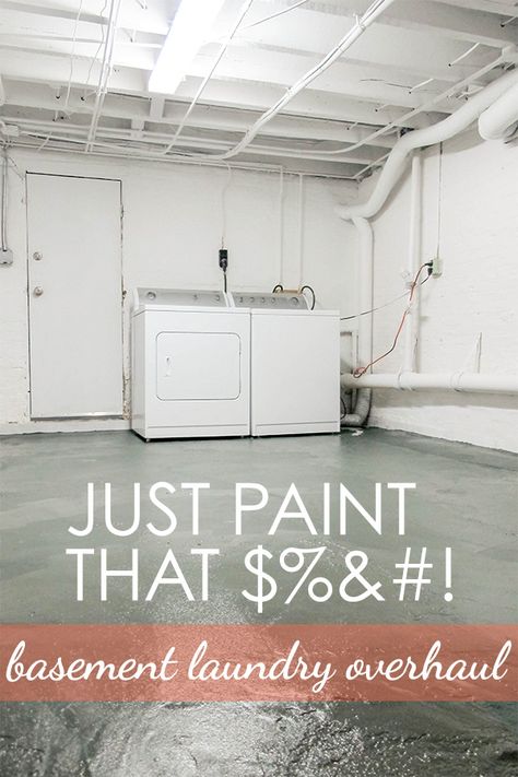 DIY Laundry Room Renovation - Dark & Drab to Bright & Fab Paint Laundry Room, Unfinished Laundry Room, Concrete Floor Ideas, Unfinished Basement Laundry, Basement Laundry Room Makeover, Painting Basement Floors, Cement Flooring, Furnace Room, Garage Laundry Rooms