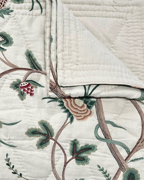 Explore Chelsea Textiles’ beautiful collection of hand-embroidered and printed bedcovers in the Online Sale! Quilted by hand in a large diamond pattern using Chelsea Textiles’ wonderful hand-embroidered and printed fabrics, these linen/cotton blend bedcovers are perfect as a light-weight bedspread or stylish, modern throw, and come in a range of styles and sizes! #chelseatextiles #chelseatextilesonlinesale #chelseatextileshandembroidery #handembroidery #onlinesale #bedcovers #embroideredbe... Transitional Floral Embroidered Dupatta, Luxury Unstitched Floral Embroidered Fabric, Luxury Beige Floral Embroidered Fabric, Chelsea Textiles, Green Semi-stitched Bohemian Embroidered Fabric, Semi-stitched Green Floral Embroidered Fabric, Modern Throws, Online Sale, Hand Quilting