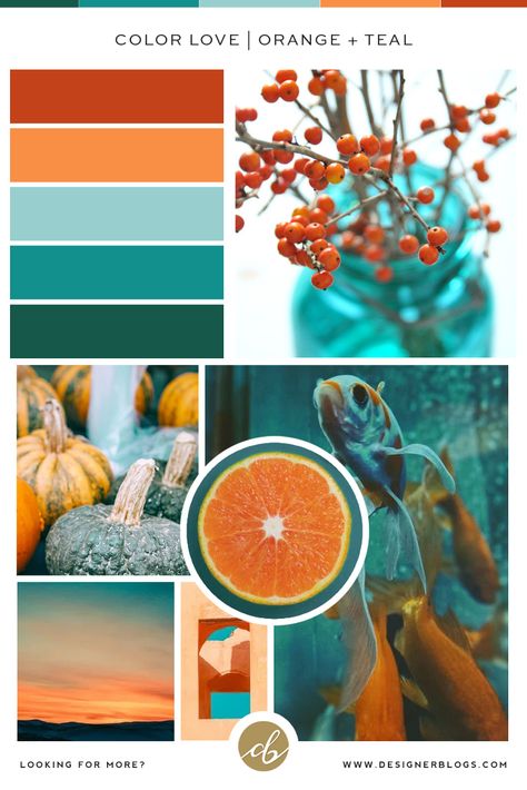 Color Love | Orange and Teal - DesignerBlogs.com Teal Orange Red Color Palette, Teal Orange Green Color Palette, Teal Orange Red Wedding, Teal Red Color Palette, Red Green Orange Color Scheme, Red And Teal Color Palette, Orange And Teal Color Palette, Red And Orange Bedroom, Orange Teal Bedroom