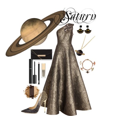 Saturn by pieisyummy on Polyvore featuring Andrew Gn, Jimmy Choo, Jennifer Loiselle, AprÃ¨s Ski, Stila, Chanel, NARS Cosmetics, Dolce&Gabbana, formal and space Saturn Outfit Aesthetic, Polyvore Outfits Formal, Planets Outfit, Saturn Outfit, Saturn Fashion, Celestial Fashion, Outfits Formal, Saturn Planet, Planet Saturn