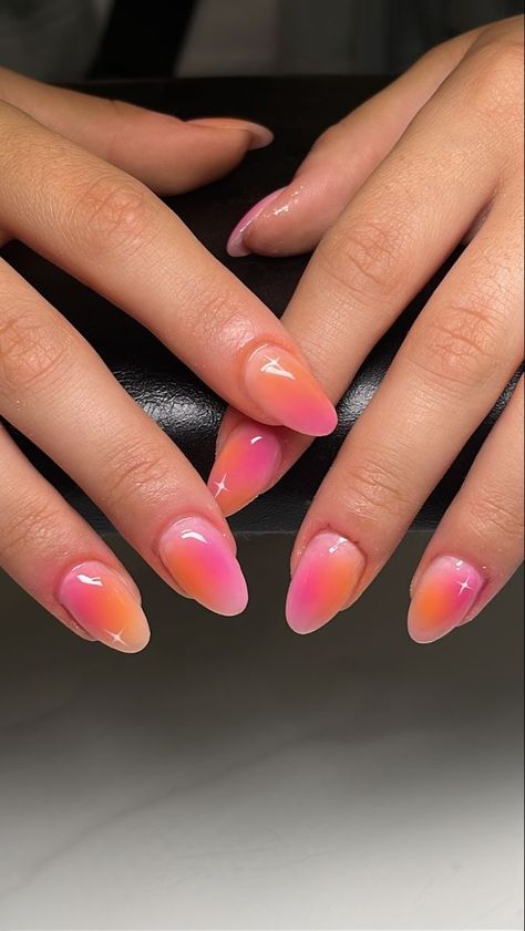 Take My Picture Nails, Short Almond Nails Aura, Short Summer Nails Almond, Nails Acrylic Aura, Aura Nails Multicolor, Short Almond Aura Nails, Short Almond Summer Nail Ideas, Nail Ideas Aura, Aura Nails Pink And Orange