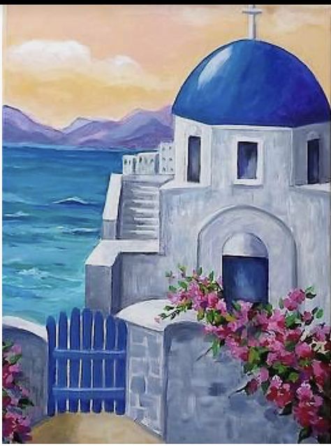 Greece Painting, Greek Paintings, Easy Landscape Paintings, Greece Art, Landscape Art Print, 수채화 그림, Greek Art, Greek Island, Painting Art Projects