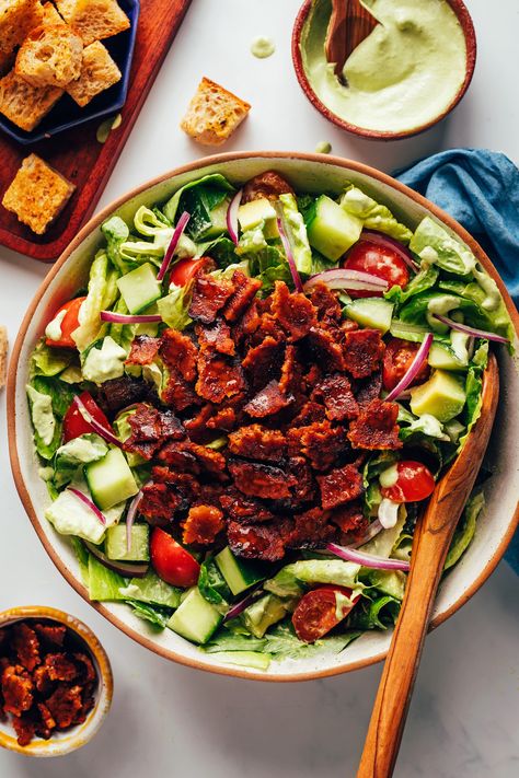 Vegan BLT Salad with Avocado & Tempeh Bacon 21 Challenge, Vegan Blt, Veg Meals, Vegan Ranch Dressing, Blt Salad, Tempeh Bacon, Creamy Ranch Dressing, Salad With Avocado, Satisfying Salads