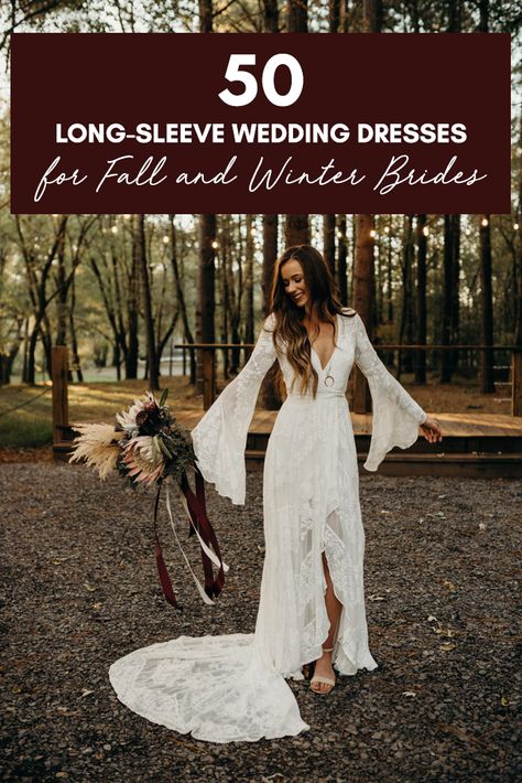 Inexpensive Long Sleeve Wedding Dress, Fall Wedding Gowns Long Sleeve, Wedding Dress Style 2023, Country Long Sleeve Wedding Dresses, Cool Weather Wedding Dress, Boho Lace Sleeve Wedding Dress, Bohemian Winter Wedding Dress, Rustic Wedding Gown With Sleeves, Fall Wedding Gowns Sleeve