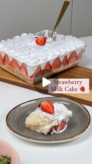 Guntas Sethi on Instagram: "✨Strawberry Milk Cake✨ Episode 6 of #veryberrystrawberry It’s love at first bite🤤🍓 An incredibly moist, fluffy vanilla sponge cake, topped off with cream, makes for a perfect melt-in-mouth dessert with the luscious strawberries! 🤌🏽 Trust me when I say it’s absolute heaven in every bite! 🫠✨ Recipe: Eggless Sponge Cake: - 3/4 cup Milkmaid - 1 1/4 cup maida/ all purpose flour - 4 tbsp melted butter - 1 1/2 tsp baking powder - 1/2 tsp baking soda - 1 tsp vanilla essence (Mix it all well & leave it to bake at 180*C until done) Cream: - 1/4 cup cream cheese - 3 tbsp icing sugar - 1/2 cup whipping cream Milk: - 1/4 cup whipping cream - 1/4 cup condensed milk - 1 cup milk Tips: 🍓You can use any store bought cake if you’d like 🍓 It tastes best Milkmaid Recipes Desserts, Eggless Sponge Cake, Love At First Bite, Vanilla Sponge Cake, Store Bought Cake, Milk Cake, Vanilla Sponge, Whipping Cream, All Purpose Flour