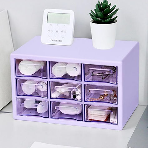 Desk Storage Organizer with 9 Drawers,MYKASEN Clear Plastic Storage Cabinet, Stackable Desk Storage Box for Makeup Office Craft Hardware Art Supplies,9.8x6.3x5.9inch(Purple)… Clear Containers For Desk, Clear Organizers For Desk, Mint My Desk, White Desk Tidy, Box For Makeup, Hardware Art, Clear Drawers, Purple Desk, Clear Desk