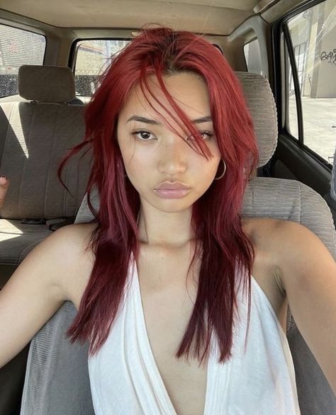 Red Hair And Red Dress, Bright Red Hair On Brown Skin, Cool Toned Orange Hair, Red Hair Box Dye, Red Hair Latina, Red Hair Tan Skin, Red Hair Asian, Asian Red Hair, Red Velvet Hair