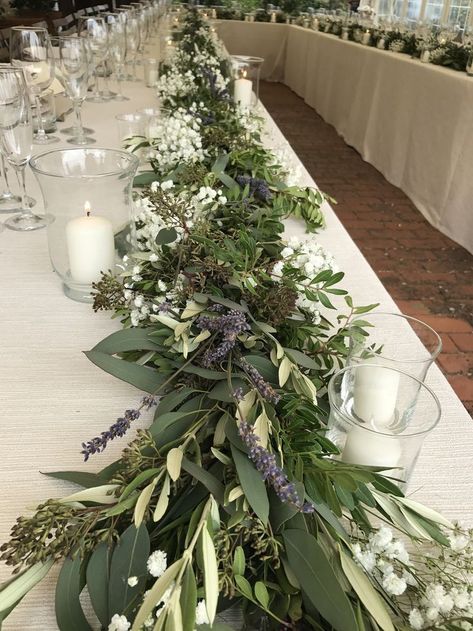 Barn Wedding Hanging Flowers, Olive Leaves Lavender Wedding, Olive Lavender Wedding, Dried Lavender Wedding Decor, Lavender And Eucalyptus Bridesmaid Dresses, Olive Leaves Centerpiece, Lavender And Eucalyptus Wedding Centerpieces, Laurel Wedding Decor, Lavender And Greenery Wedding