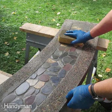 Stone Inlay Concrete Bench Concrete Bench Outdoor, Bench Concrete, Concrete Garden Bench, Cement Bench, Garden Bench Seating, Outdoor Bench Seating, Garden Bench Diy, Outdoor Garden Bench, Diy Bench Outdoor