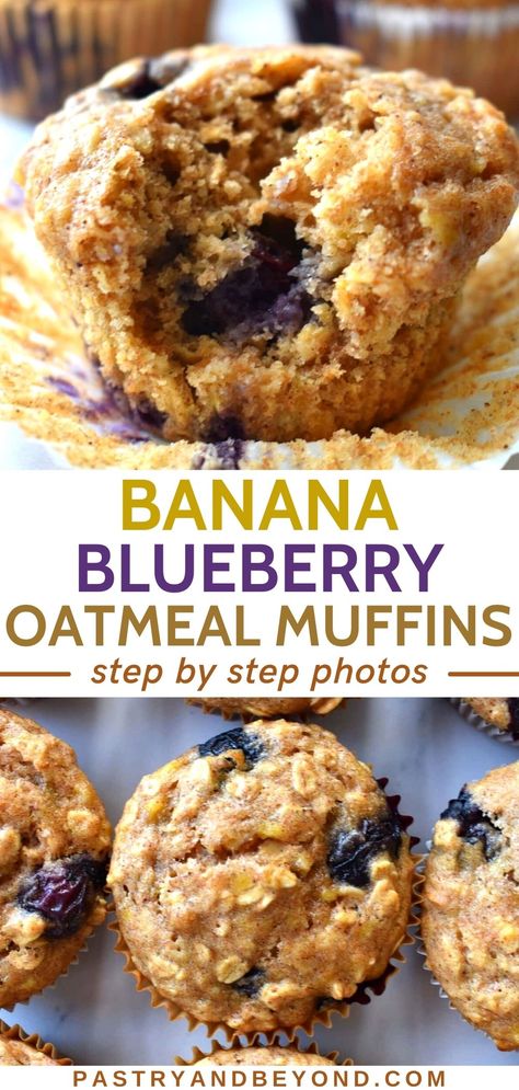 These delicious banana blueberry oatmeal muffins are soft, moist and light! It takes only 10 minutes to prepare and 20 minutes to bake these easy muffins! Healthy Blueberry Breakfast Recipes, Baked Oatmeal Recipes Healthy Breakfast Muffins, Healthy Muffins Recipes Easy, Healthy Breakfast Muffins Clean Eating, Easy Blueberry Recipes Healthy, Baked Oatmeal Muffins Healthy, Easy Healthy Blueberry Muffins, Whole Grain Oats Recipes, Healthy Oatmeal Muffin Recipes