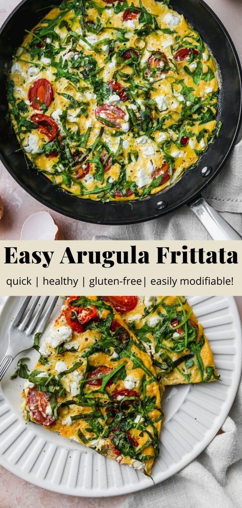 15-Minute Arugula & Tomato Frittata | Walder Wellness, Dietitian (RD) Tomato Basil Frittata Recipes, Eggs And Arugula, Arugula For Breakfast, Eggs Arugula Breakfast, Breakfast With Arugula, Basil Eggs Breakfast, Egg Arugula Breakfast, Basil Breakfast Recipes, Arugala Recipes Breakfast