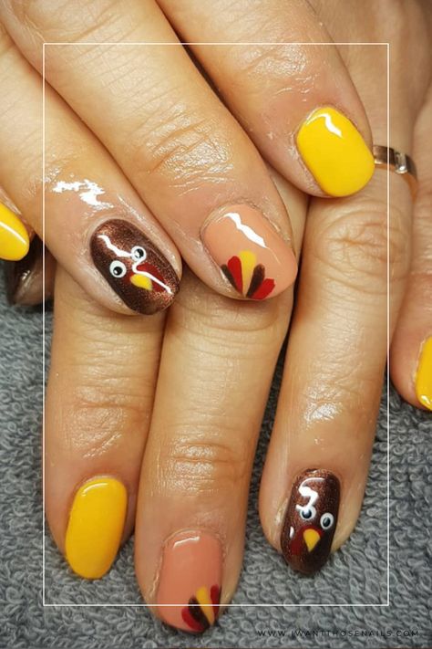 Turkey Thanksgiving Nails Turkey Nails Acrylic, Cute Easy Thanksgiving Nails, Easy Thanksgiving Nail Designs, Thanksgiving Gel Nail Designs, Turkey Thanksgiving Nails, Thank Giving Nails Design, Turkey Nails Designs Easy, Thanks Giving Nail Art, Thanksgiving Nail Art Turkey