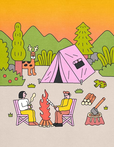 Yanolja | Soña Lee Camping Vector Illustration, Camping Graphic Design, Campfire Illustration, Camp Illustration, Color Doodles, Picnic Illustration, Calendar Drawing, Nature Doodles, Spring Illustrations