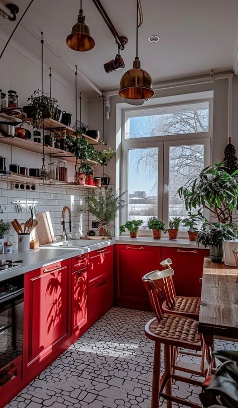 Red Kitchen Interior, Red Aesthetic Kitchen, Red Retro Kitchen, Red Kitchen Aesthetic, Pop Of Red Interior Design, Red And White Kitchen Ideas, Red Accent Kitchen, Kitchen Design Colorful, Red House Interior