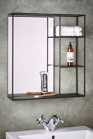 Buy Shelving Wall Mirror from the Next UK online shop Shelving Wall, Bathroom Mirror With Shelf, Black Mirror Frame, Hollywood Lights, Wall Mirror With Shelf, Shelving Design, Minimal House Design, Downstairs Bathroom, Mirror With Shelf