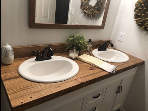 Bathroom Wood Vanity Top, Wood Bathroom Countertop, Dark Home Aesthetic, Farmhouse Bathrooms, Rv Inspiration, Farmhouse Bathroom Sink, Barndominium Plans, Washroom Decor, Wood Countertop