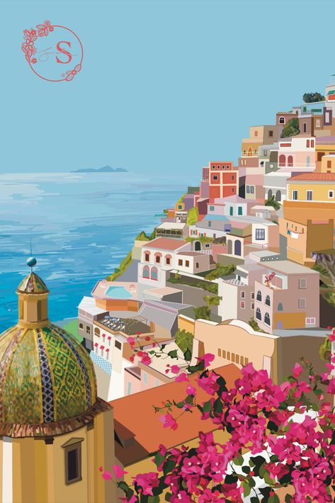 Positano Watercolor Painting, Positano Painting, Klimt Inspired, Higher Art, Wanderlust Decor, Vibrant Illustration, Travel Postcard, Italy Art, The Amalfi Coast