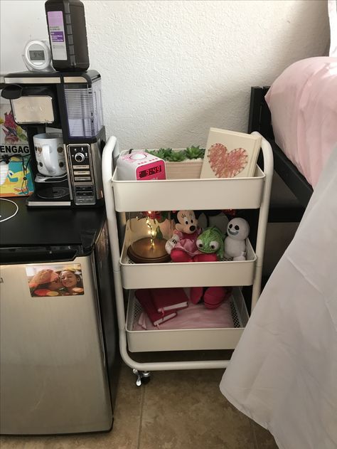 my decorated cart! works as a side table as well as added decoration for a room! Ikea Cart Bedside Table, Ikea Cart Nightstand, Cart Bedside Table, Bedroom Cart, Bedside Cart, Ikea Cart, Teen Stuff, Cart Ideas, Makeover Bedroom