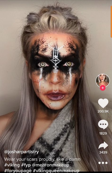 Viking Make Up Woman Halloween, Woman Viking Makeup, Halloween Makeup Colorful, Diy Viking Makeup, Nordic Witch Makeup, Norse Witch Makeup, Halloween Makeup Viking, Viking Queen Makeup, Maquillage Halloween Couple