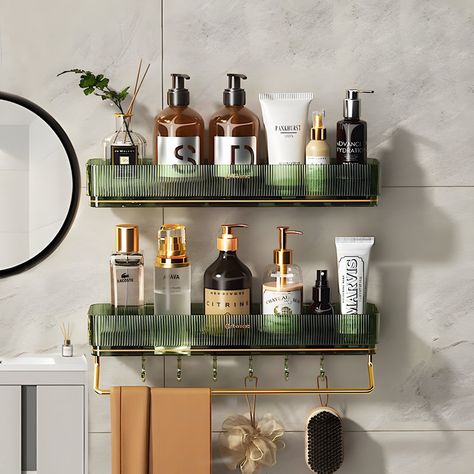 Rebrilliant Makensey Adhesive Shower Shelf - Wayfair Canada Waterproof Bathroom Shelves, Bathroom Stick On Shelves, Green Bathroom Shelves, Bathroom Storage Shelf Ideas, Bathroom Organization Open Shelving, Gold Shower Shelf, Vintage Bathroom Organization, Shower Bottle Organization Ideas, Walk In Shower Organization Ideas