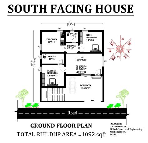 31'X35' South facing 2bhk house plan as per Vastu Shastra. download free|CADBULL - Cadbull South Facing House Plans Vastu 2bhk, South Facing House Plans Vastu, South Facing House, Vastu House, 2bhk House Plan, Bed Headboard Design, The Staircase, Vastu Shastra, Bed Headboard