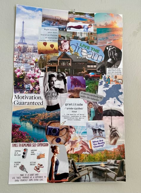 Vision board collage Magazine Vision Board Examples, Poster About Yourself Ideas, Vision Board Ideas Teen Girl, Vision Board Ideas Inspiration Poster, Vision Board Magazine, Magazine Vision Board Ideas, Clean Home Vision Board, Dream Collage Ideas Layout, Vision Scrapbook