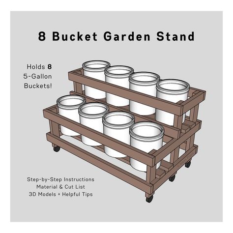 Build your own 5-Gallon Bucket Garden Stand with these detailed building plans! The PDF can be printed on 8.5" x 11" sheets. 16 pages are included. PDF Plans includes: - Material & Cut List - Tool List - Step-by-Step Instructions - 3D detailed models - Helpful Tips This project is perfect for those who want to have a successful, low maintenance garden. Whether you live in a rental unit, don't want to commit to tilling up your backyard, or want to condense your garden into one space, this project Bucket Planters 5 Gallon Stand, Garden Bucket Stand, 5gallon Bucket Garden Stand, 5 Gallon Bucket Garden Stand, Garden Buckets Planters, Bucket Planters 5 Gallon, 5 Gallon Bucket Raised Garden, Five Gallon Bucket Garden Stand, Bucket Gardening 5 Gallon Stand