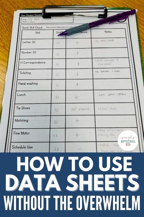 Collecting data as a special education teacher is something we do every single day. It informs our IEPs, helps us determine what lessons to present, and allows us to shape students’ behavior. Tracking data doesn’t have to be overwhelming! Today I am sharing my simple data sheets and how to use them in your special ed classroom. I share how I organize my data sheets, how I use IEP goal data sheets, and how to customize data sheets to fit your student needs. Special Ed Data Collection, Data Sheets For Special Education, Iep Data Collection Sheets Free, Special Education Assessments, Special Ed Classroom, Ed Classroom, Special Education Behavior, Student Data Tracking, Teacher Data